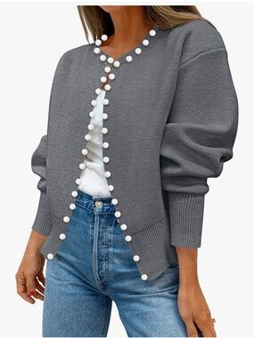 Classic Gray Pearl-Trim Knit Cardigan Sweater